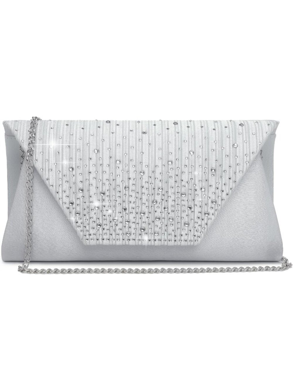 Women Silver Evening Clutch Purse With Chain Strap Wedding Party Handbag